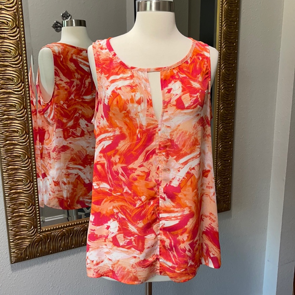 Rose & Olive Abstract Coral Pink Orange Sleeveless Blouse